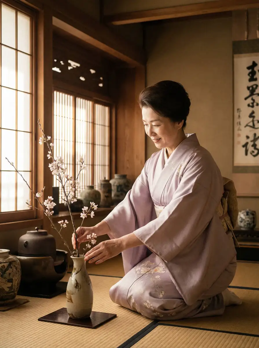 一位优雅的 年轻的妈妈第三季 在和室中插花